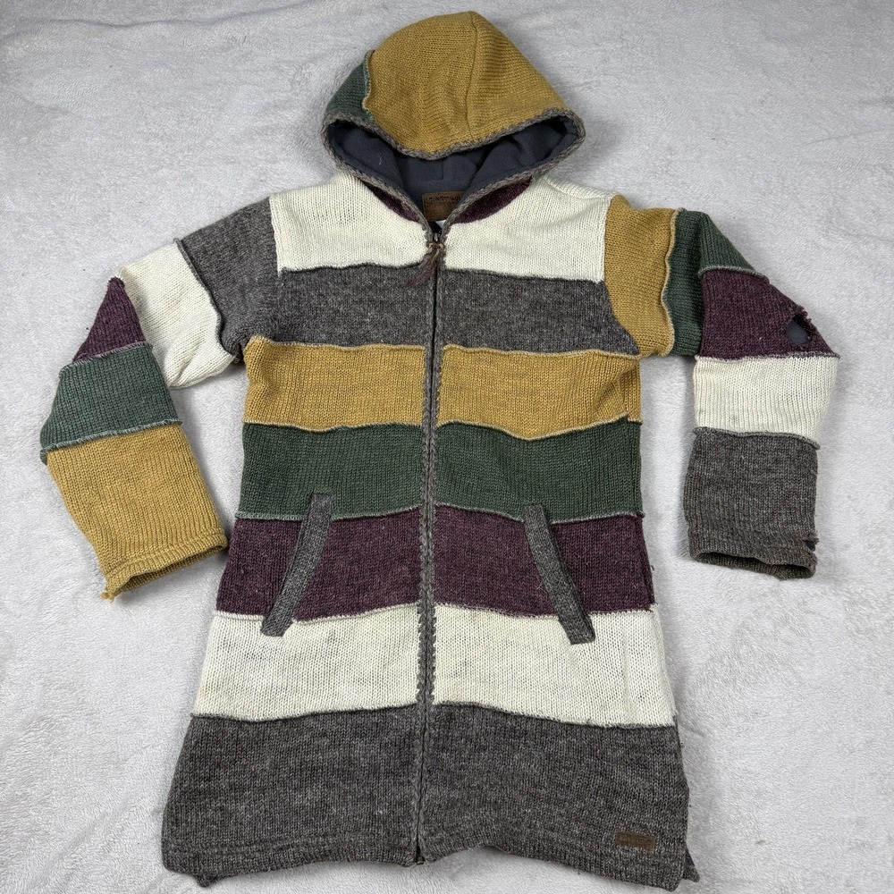 Laundromat Jacket Womens Medium Multicolor Wool Hooded Zip Lined Long Striped